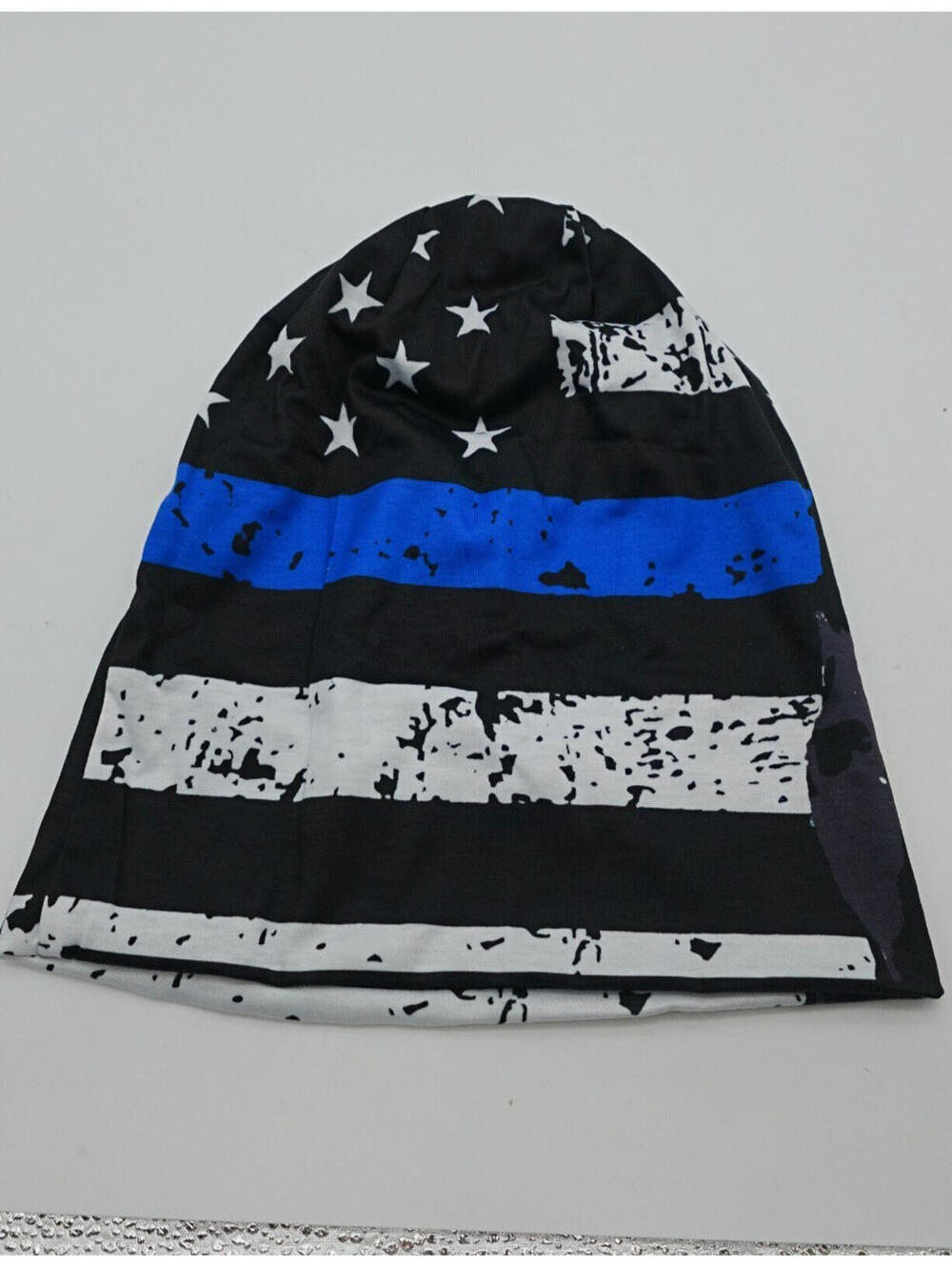 Fuevdvrri Soft Police Thin Blue Line American Flag Print Beanie for Men